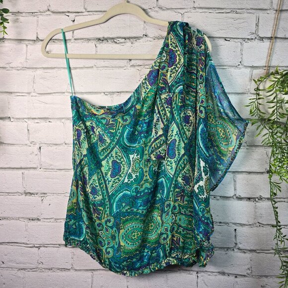CACHE 100% SILK ONE-SHOULDER GREEN AND BLUE PAISLEY PRINT BLOUSE WOMENS SIZE MED - Picture 1 of 10